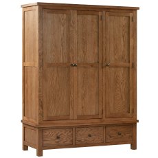 Bristol Rustic Oak Triple Wardrobe with 3 Drawers